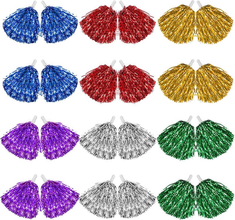 DILIBRA 24 Pcs Metallic Cheerleading Pom Poms for Kids, Cheerleaders Cheer Pom Poms with Baton Handle, Cheering Squad Hand Flower for Adults Team Spirit Sports Game Dancing Party - Image 1